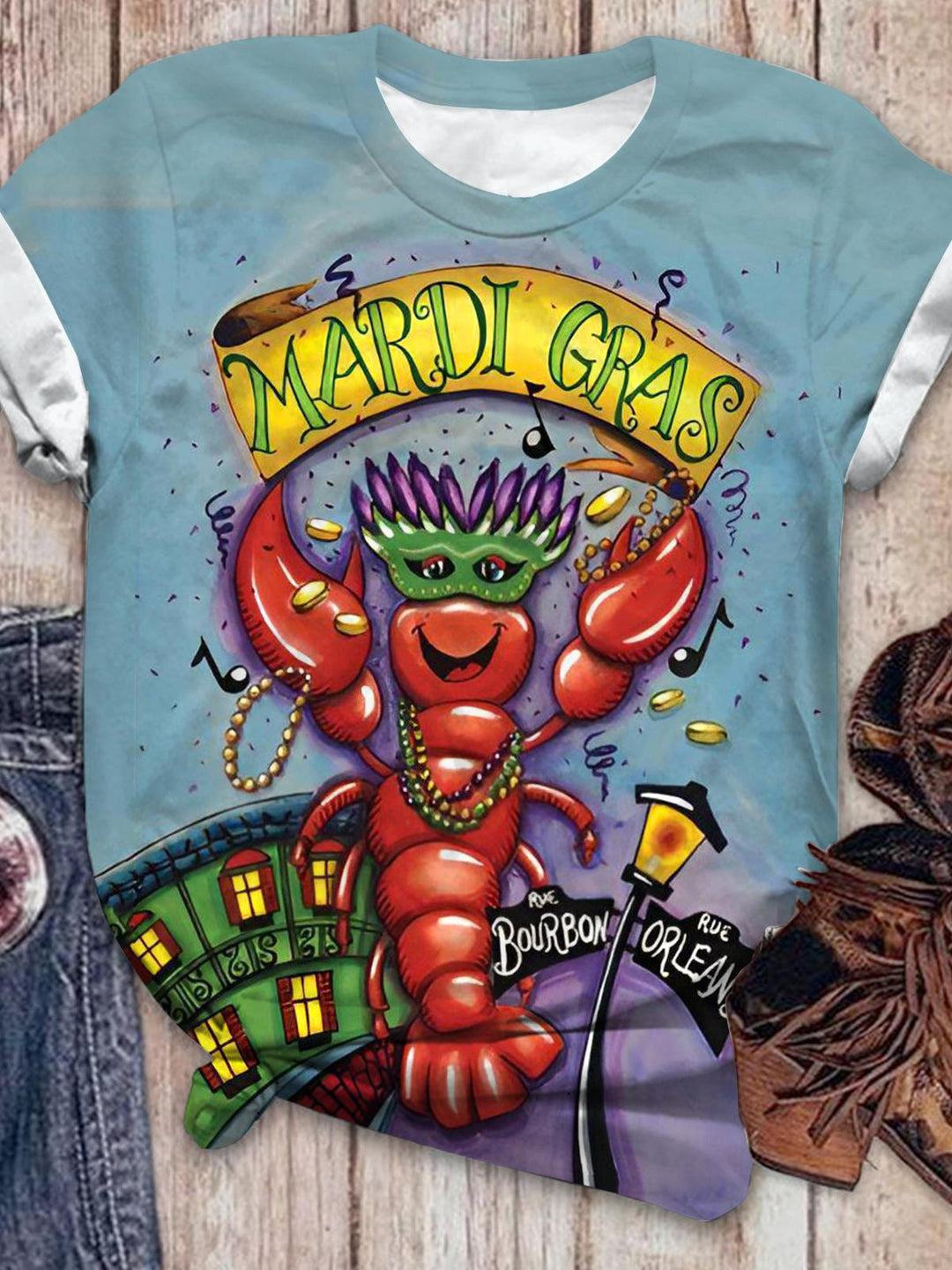 Crustacean Party Mardi Gras Print Crew Neck T-shirt