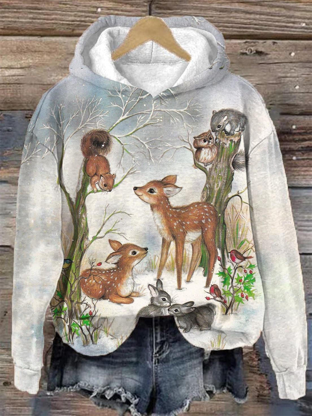 Deer Forest Print Hooded Long Sleeve Top