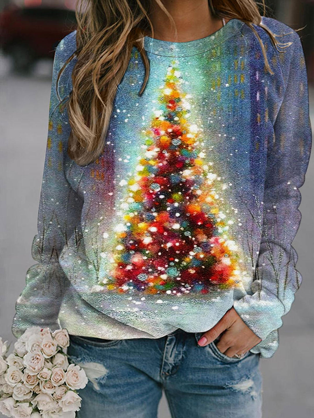 Women's Christmas Tree Print Long Sleeve Top