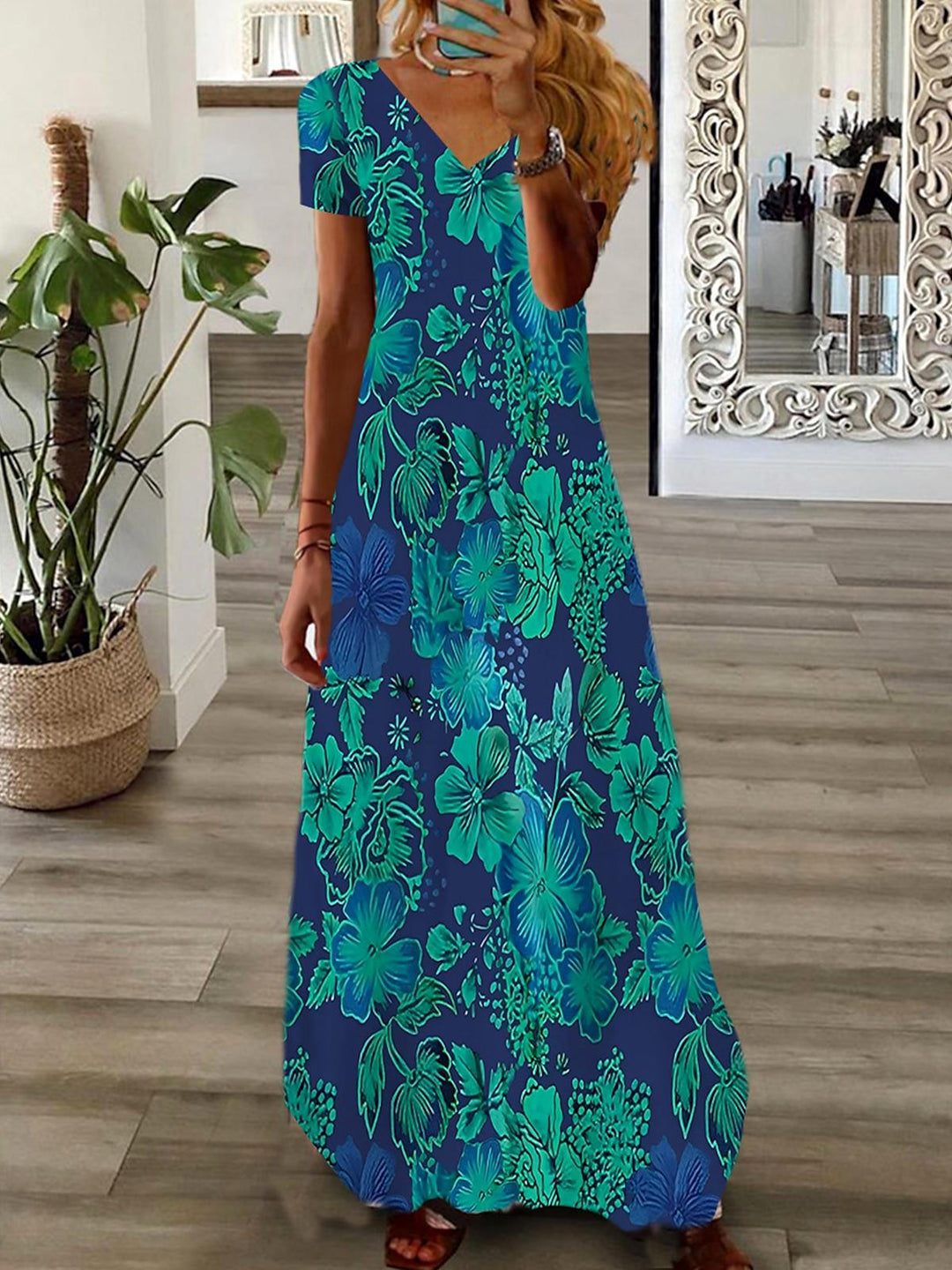 Floral Short Sleeve V Neck Maxi Dress