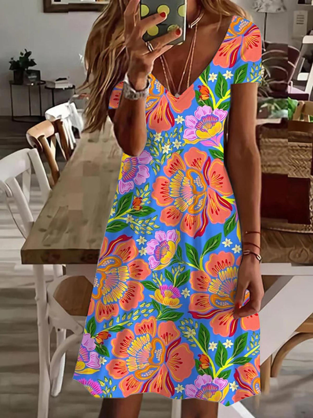 Orange Floral Print V Neck Short Sleeve Dress