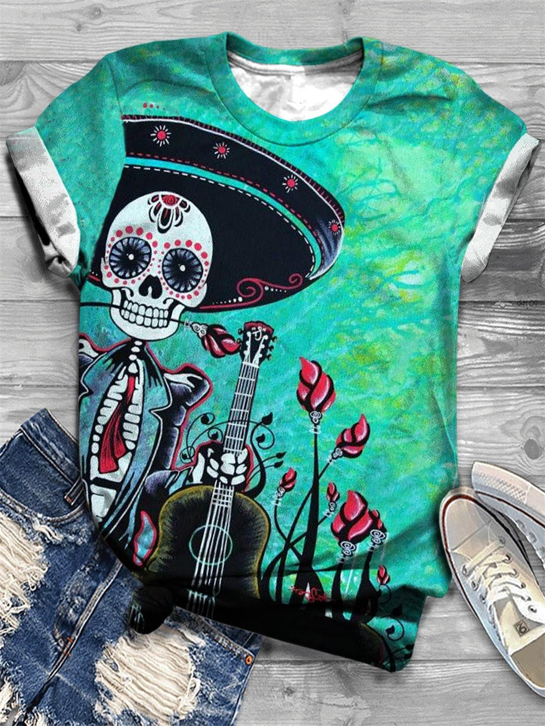 Mexican Guitar Player Paintings Crew Neck T-Shirt