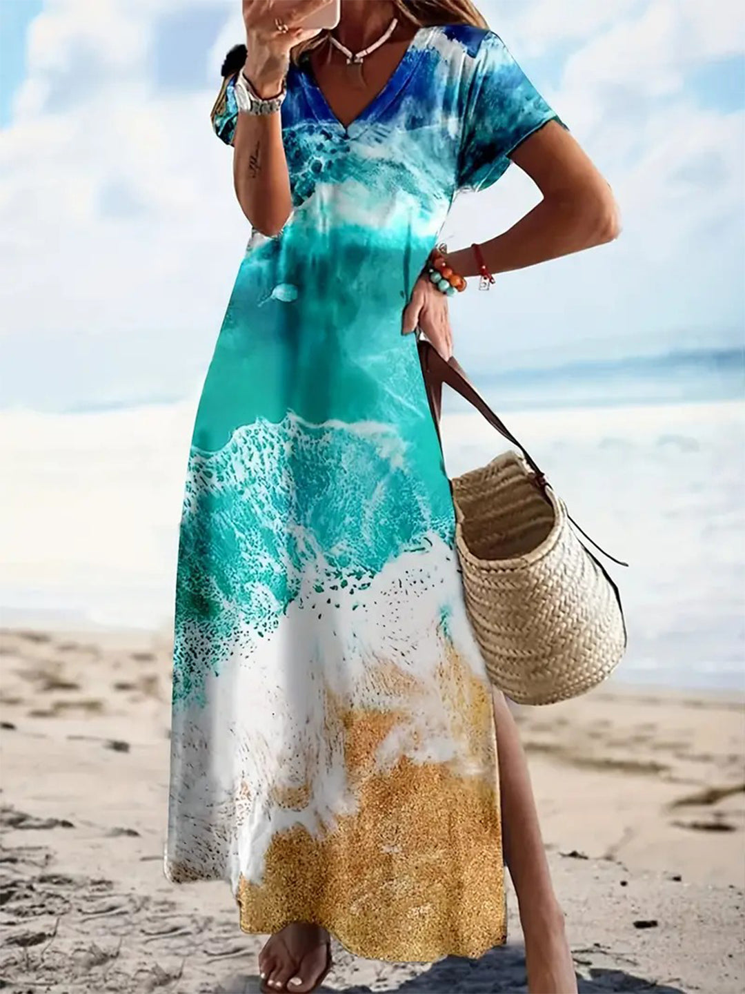 Beach Vacation Short Sleeve V Neck Maxi Dress