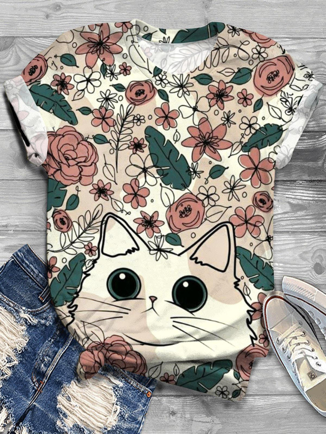 Flower Cat Print Crew Neck T-shirt