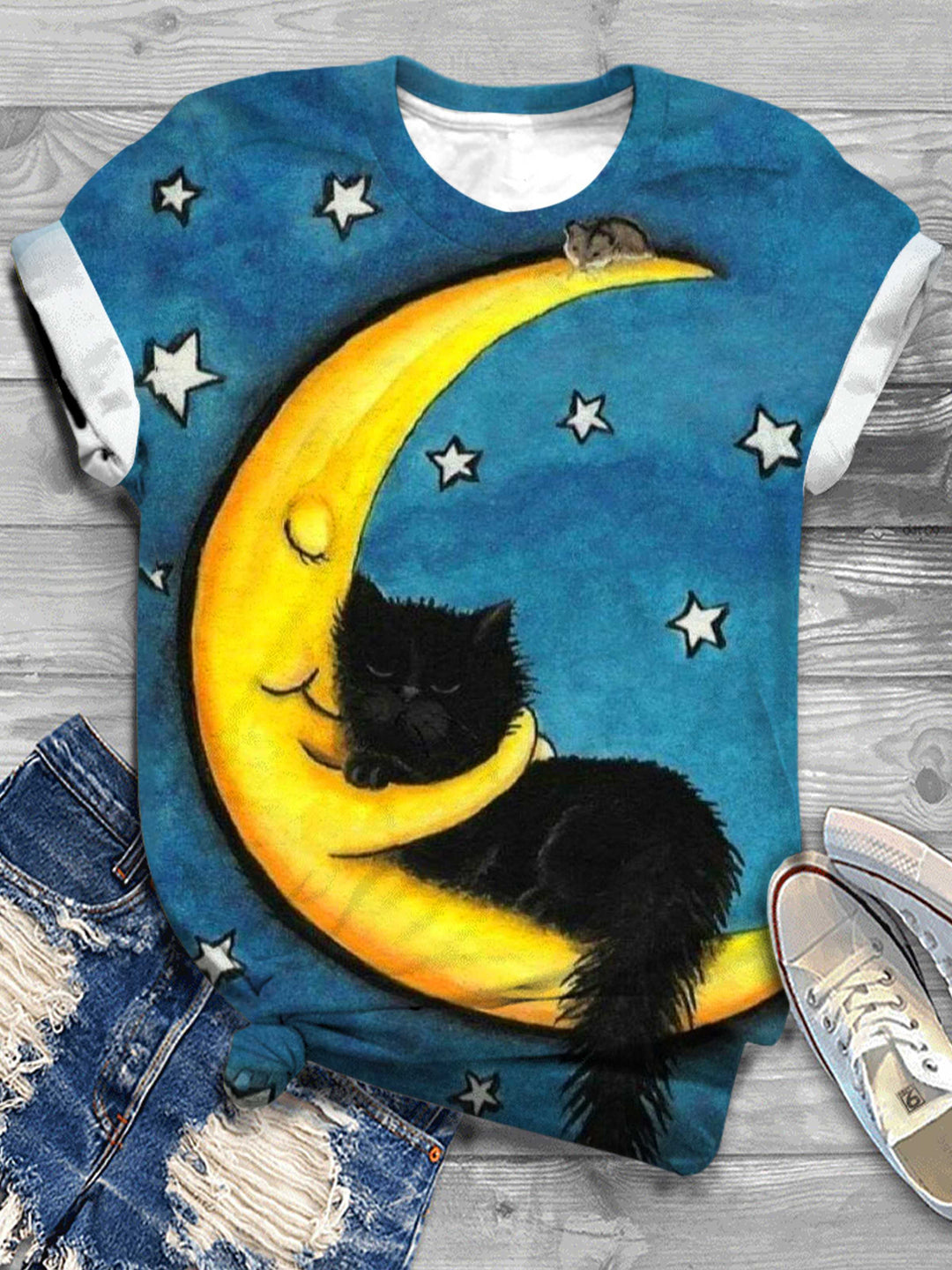Moon and Black Cat Short Sleeve Crew Neck T-Shirt