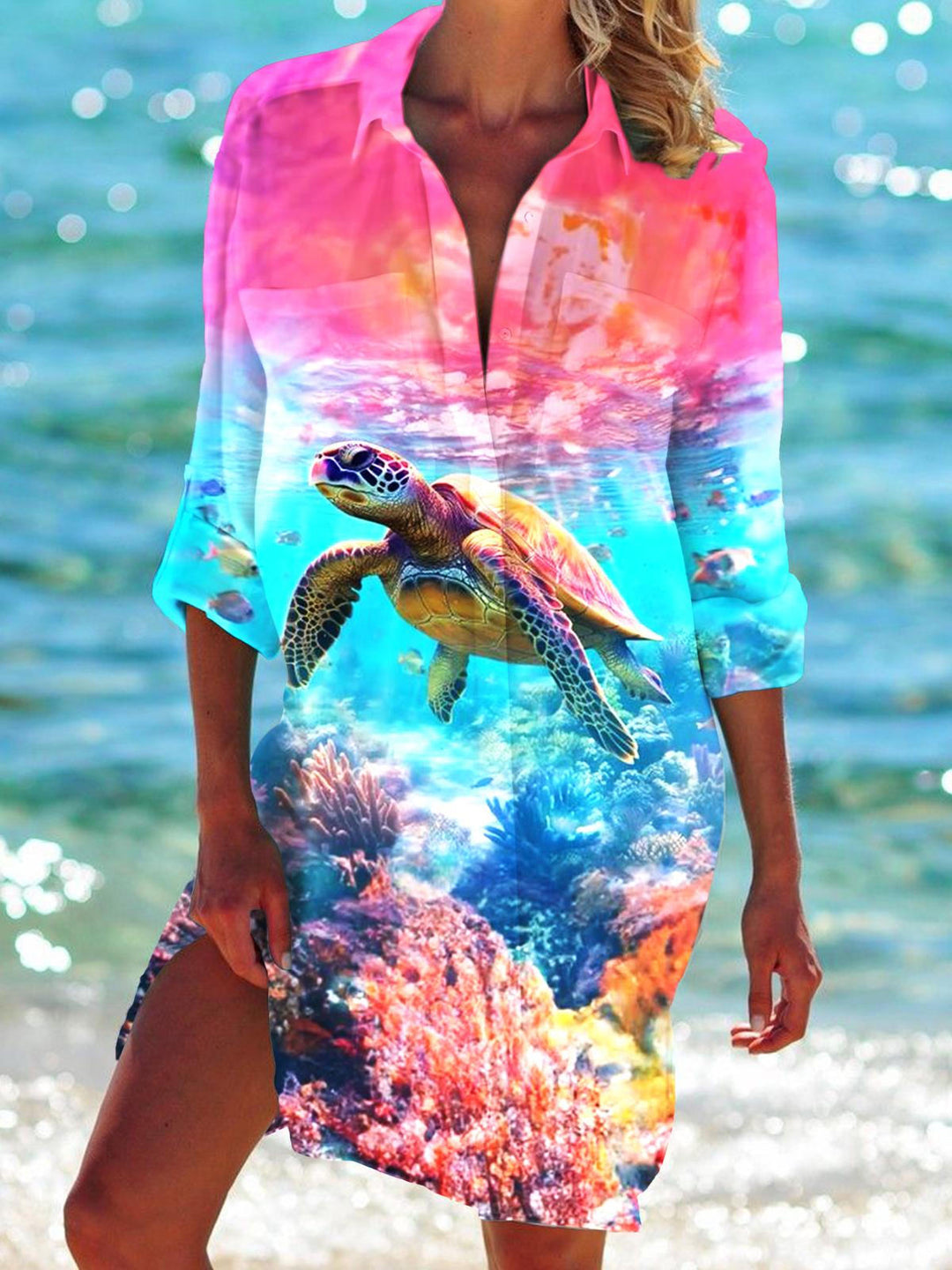 Women's Turtle Print Long Sleeve Beach Shirt Dress