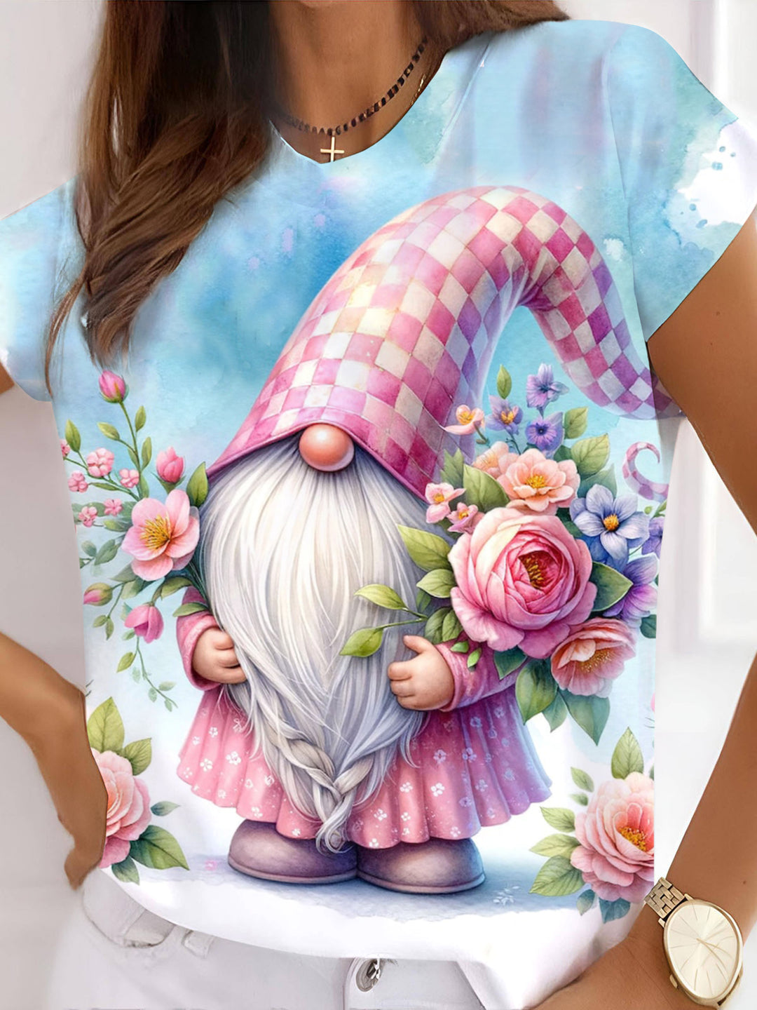 Flower Gnome Print Crew Neck T-shirt