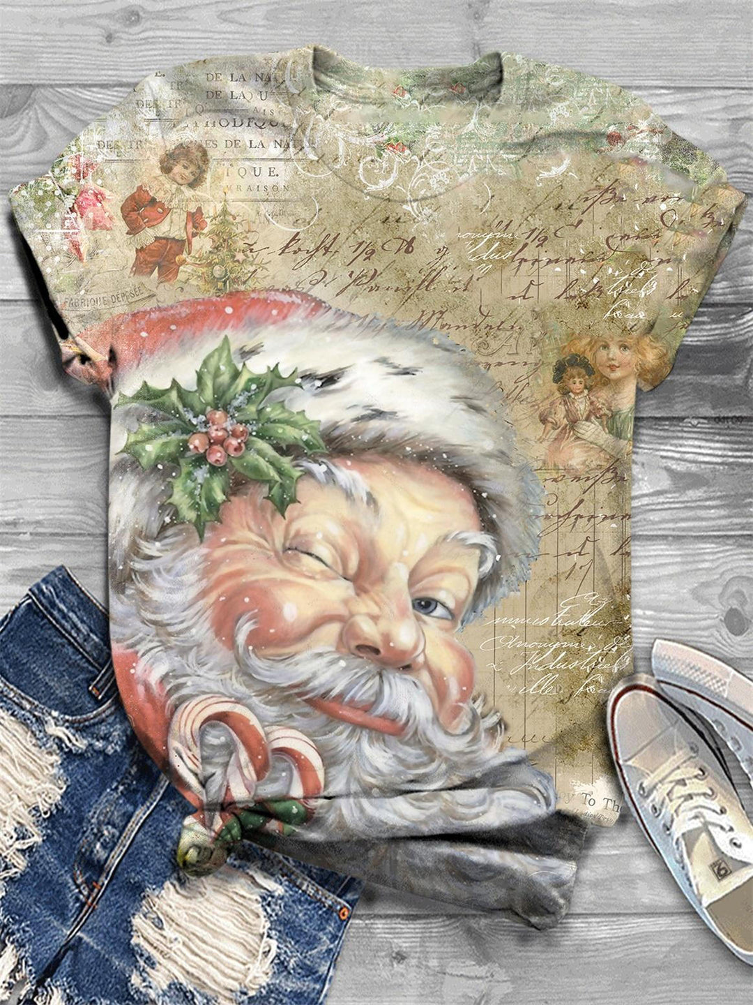 Pink Vintage Santa Print Crew Neck T-Shirt