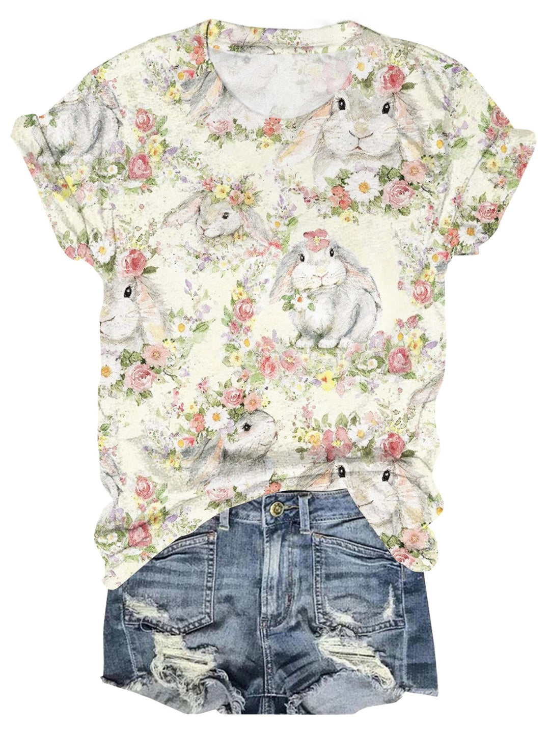 Hello Spring Bunny Easter Print Crew Neck T-Shirt