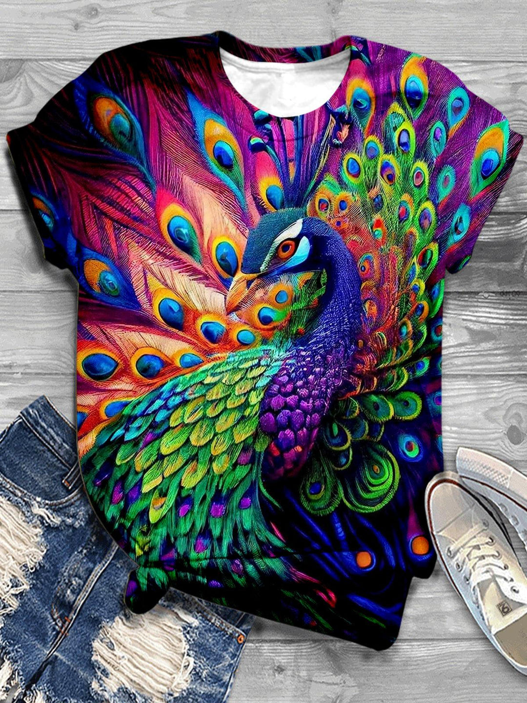 Rainbow Color Peacock Print Casual T-shirt