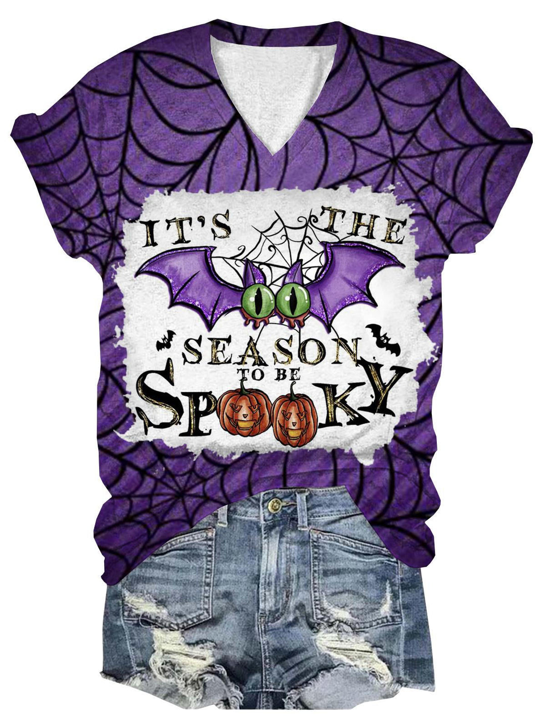 It's The Season To Be Spooky Bat Print V Neck T-Shirt