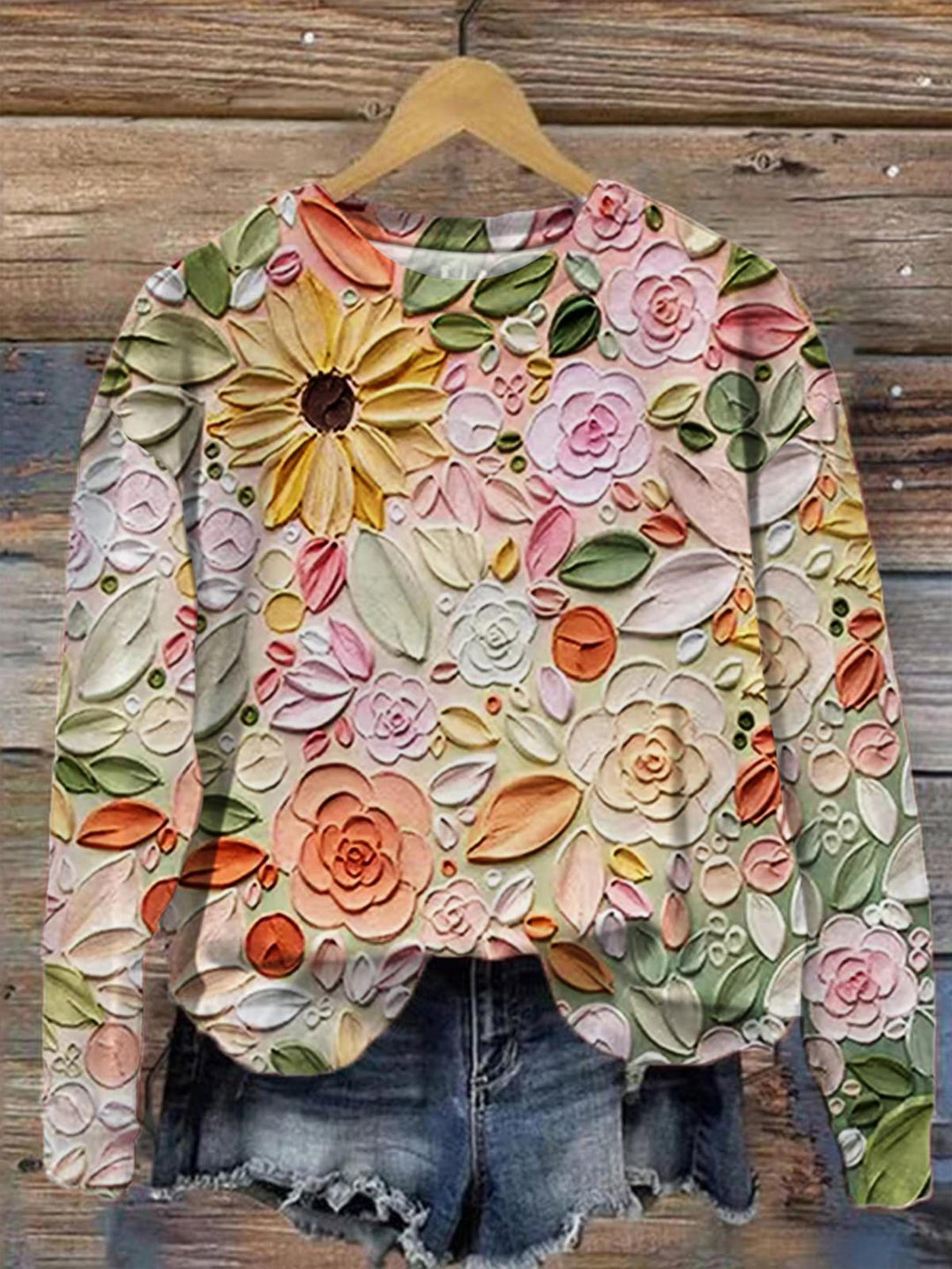Women's Floral Print Round Neck Long Sleeve Casual Top
