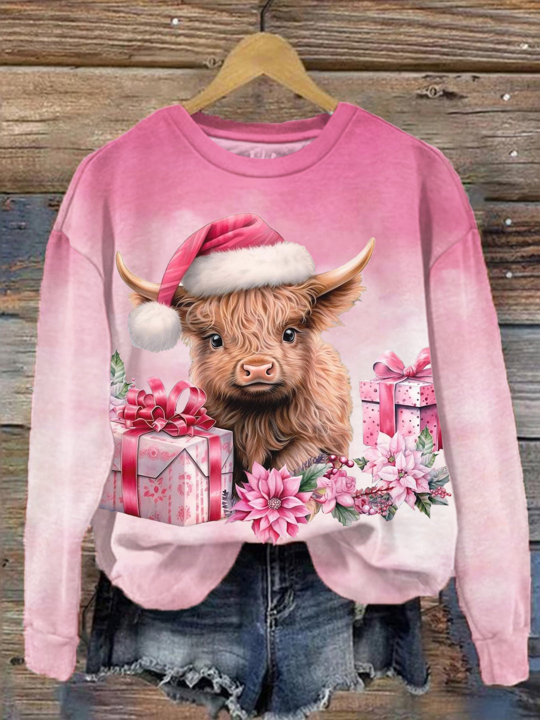 Women's Pink Christmas Highland Cow Print Top
