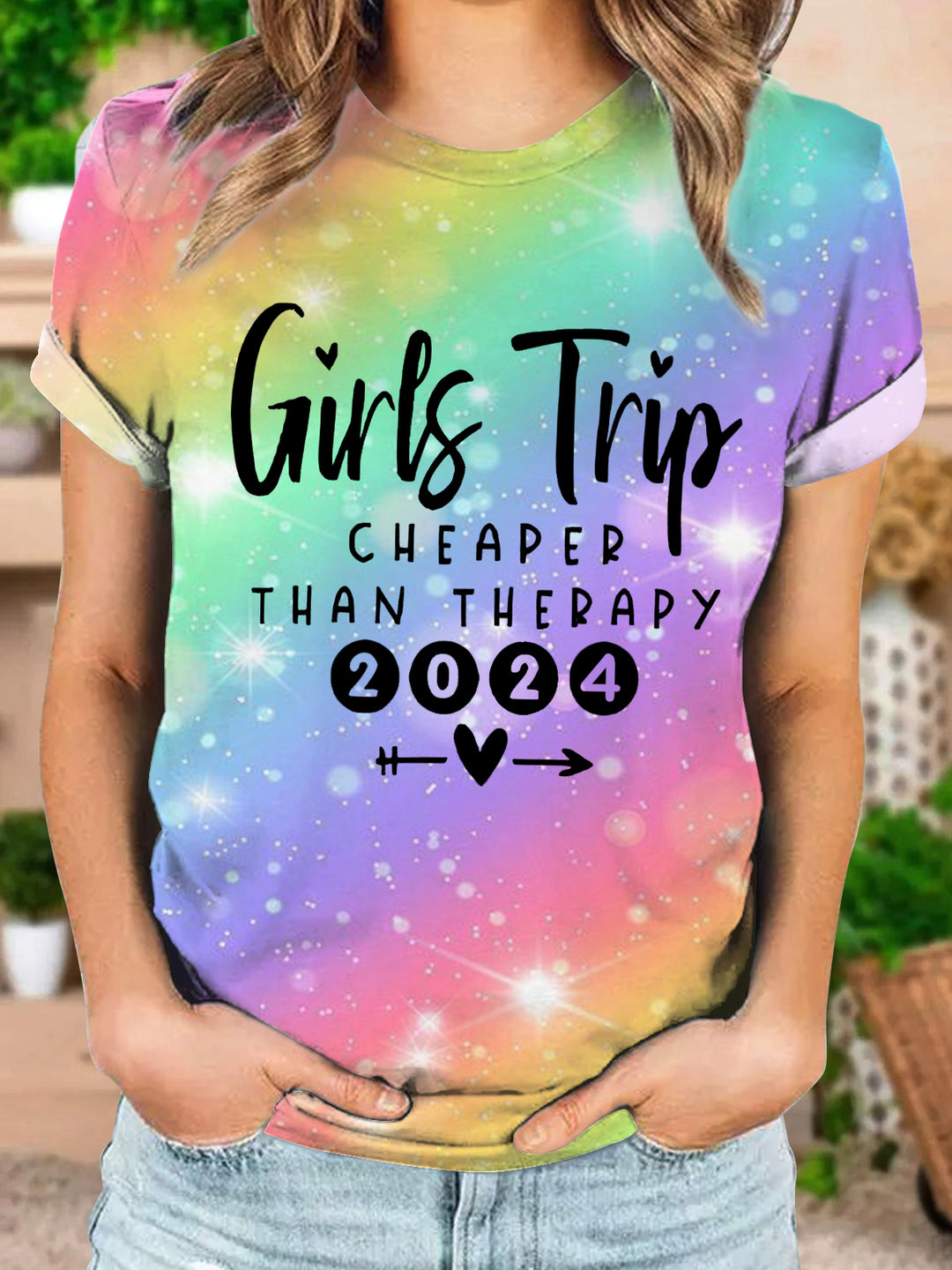 Girls Trip 2024 Cheaper Than Therapy Printed Crew Neck T-shirt