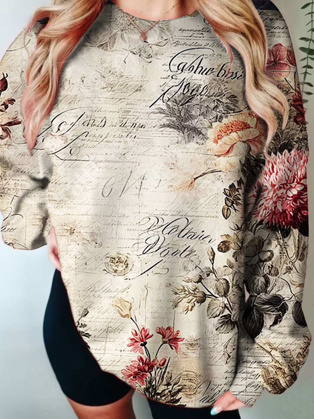 Vintage Floral Print Round Neck Long Sleeve Top