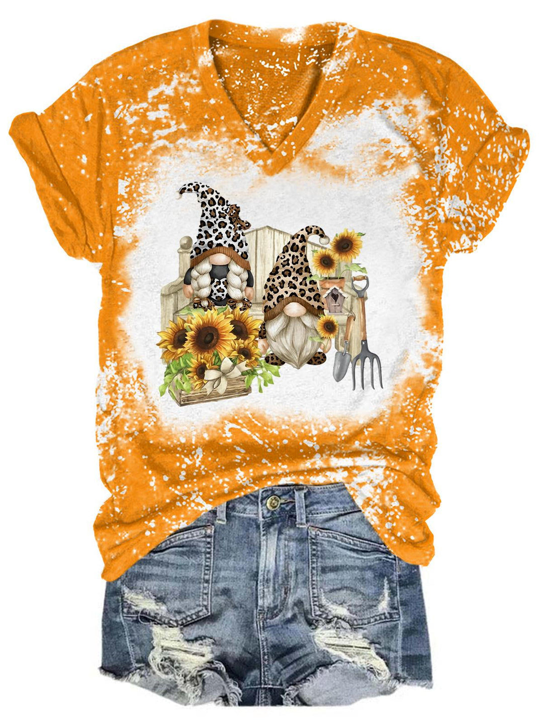 Sunflower Leopard Gnome Tie Dye V Neck Casual T-Shirt