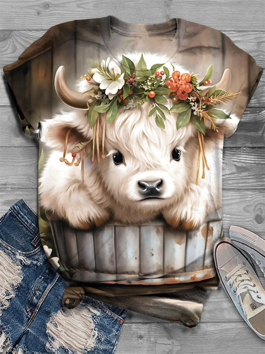 Baby White Highland Cow Print Crew Neck T-Shirt