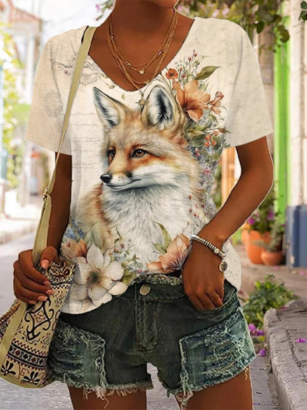 Women's Floral Fox Print V-Neck Top