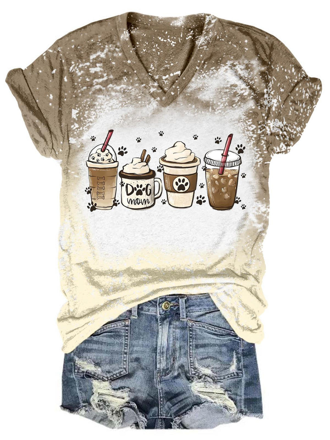 Dog Mom Coffee Drink Tie Dye V Neck T-Shirt