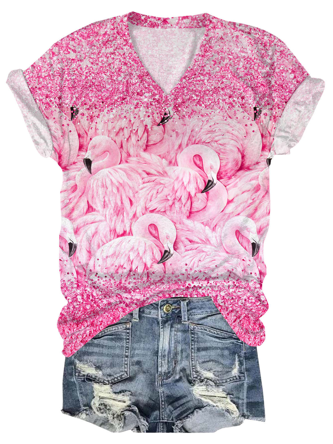Glitter Flamingo Print V-Neck Short Sleeve T-Shirt