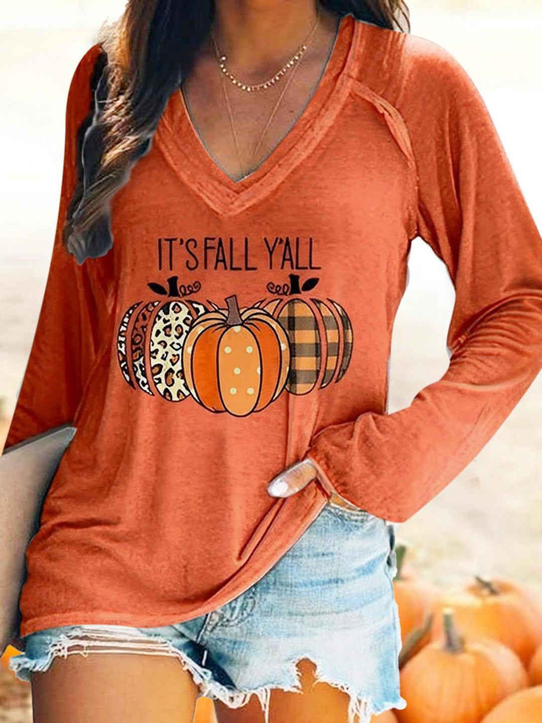 Autumn Pumpkin Print V Neck Long Sleeved Top