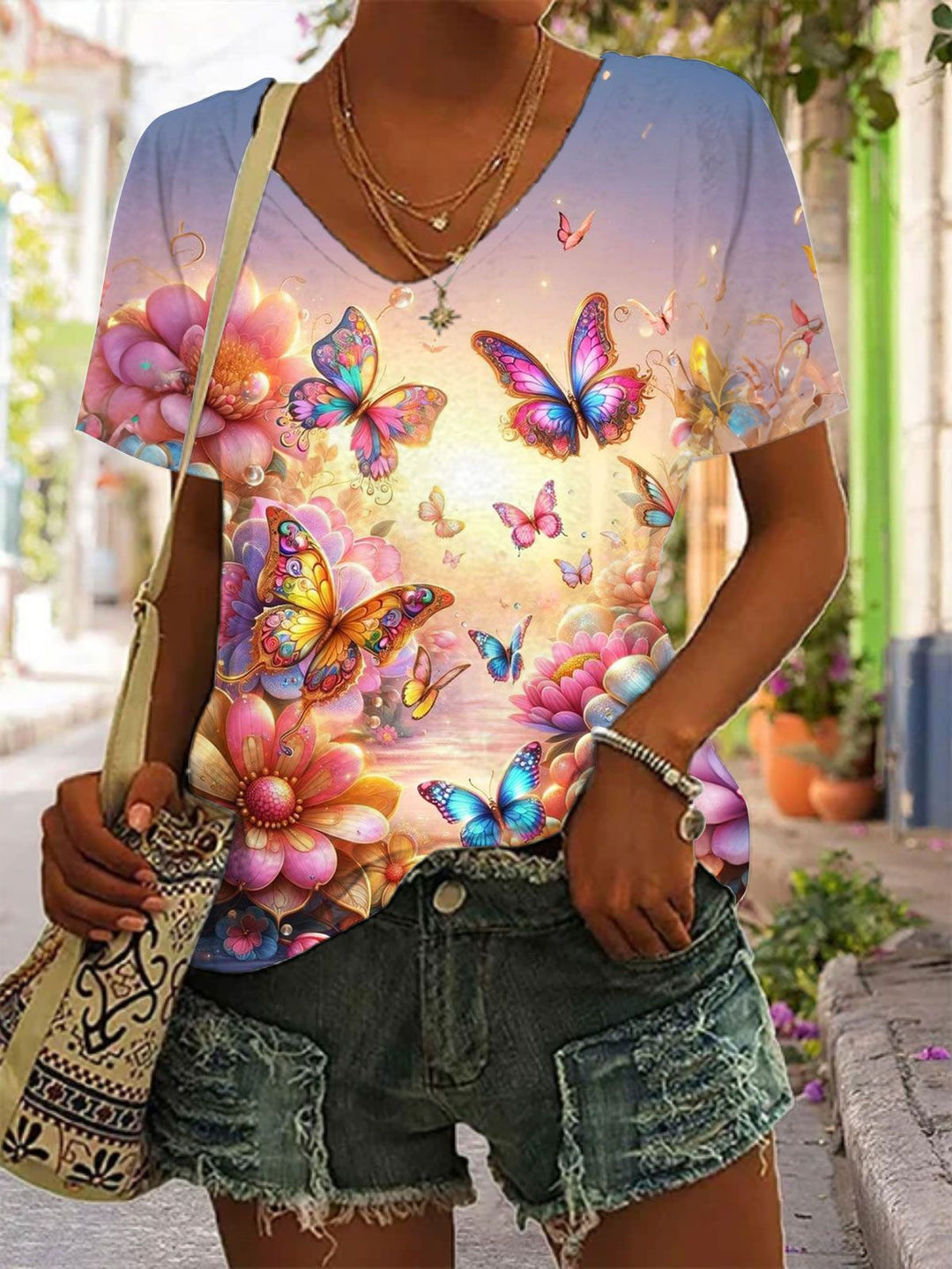 Butterfly Art Print V-Neck Top