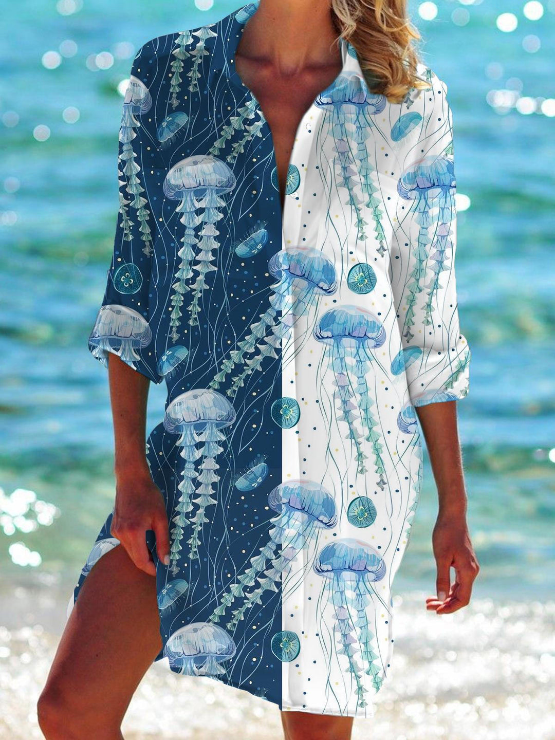 Jellyfish Long Sleeve Beach Shirt Dress