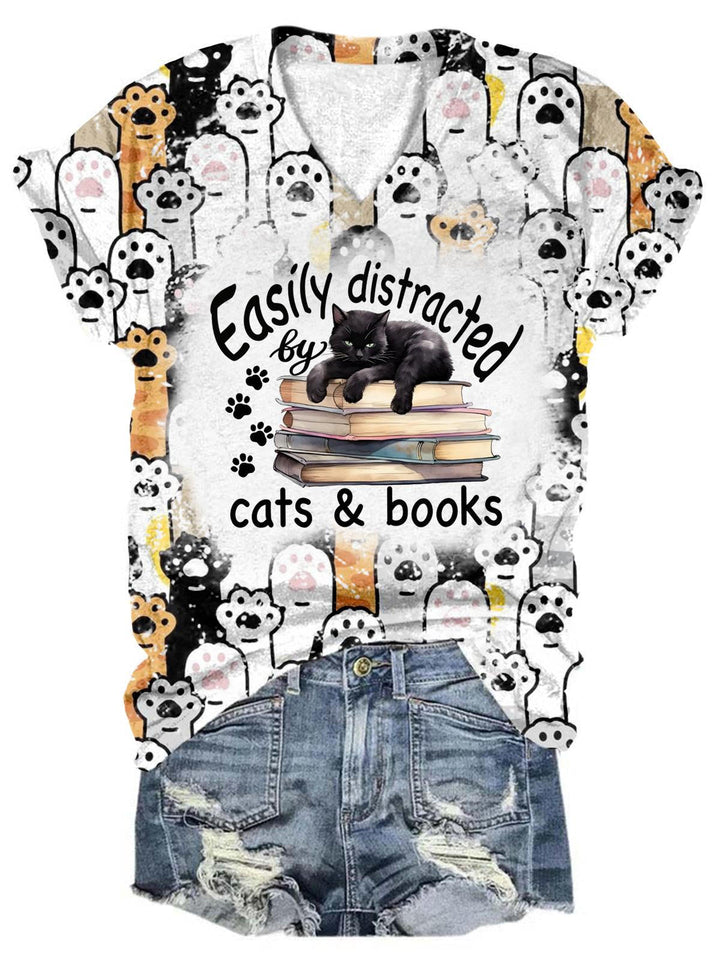 Easily Distracted Cats & Books Tie Dye V Neck T-Shirt