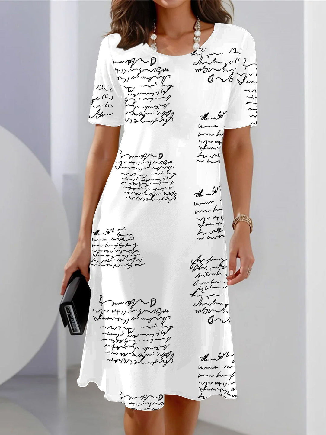 Text Print Short Sleeve Crew Neck Dress