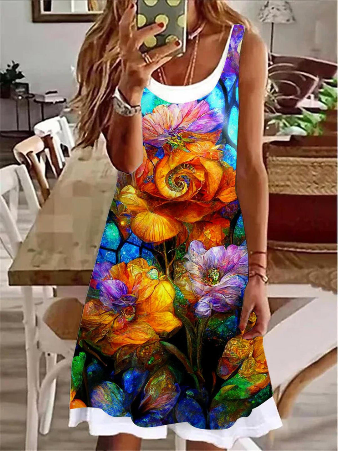 Stained Glass Rose Flower Ladies False Two Dress