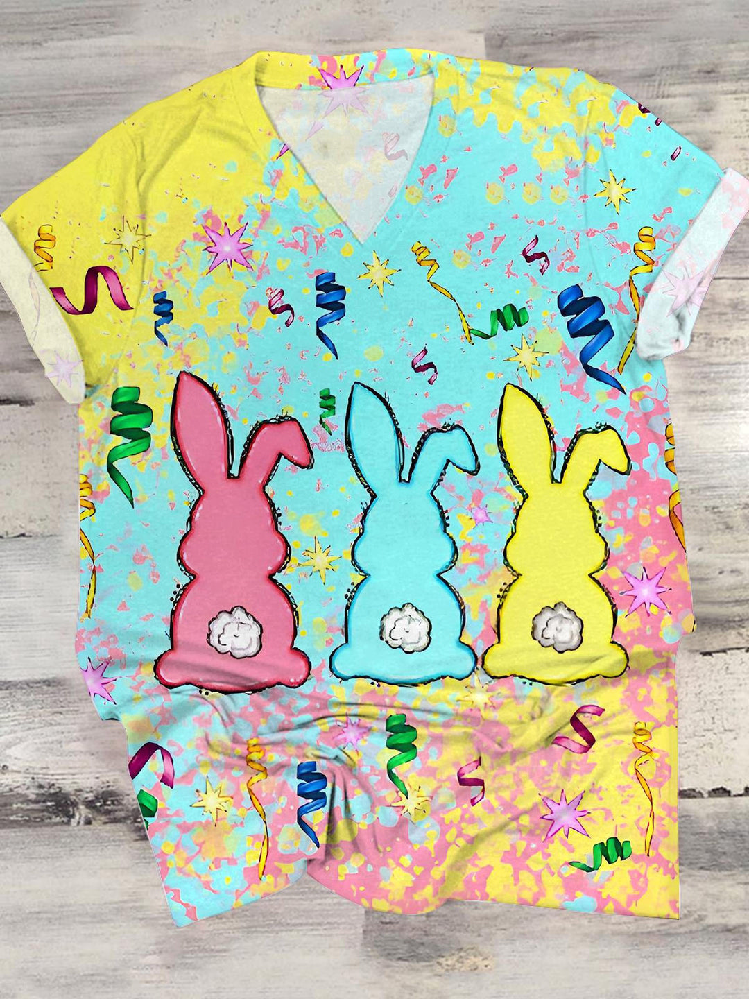 Easter Colorful bunnies Print V-Neck Short Sleeve T-Shirt