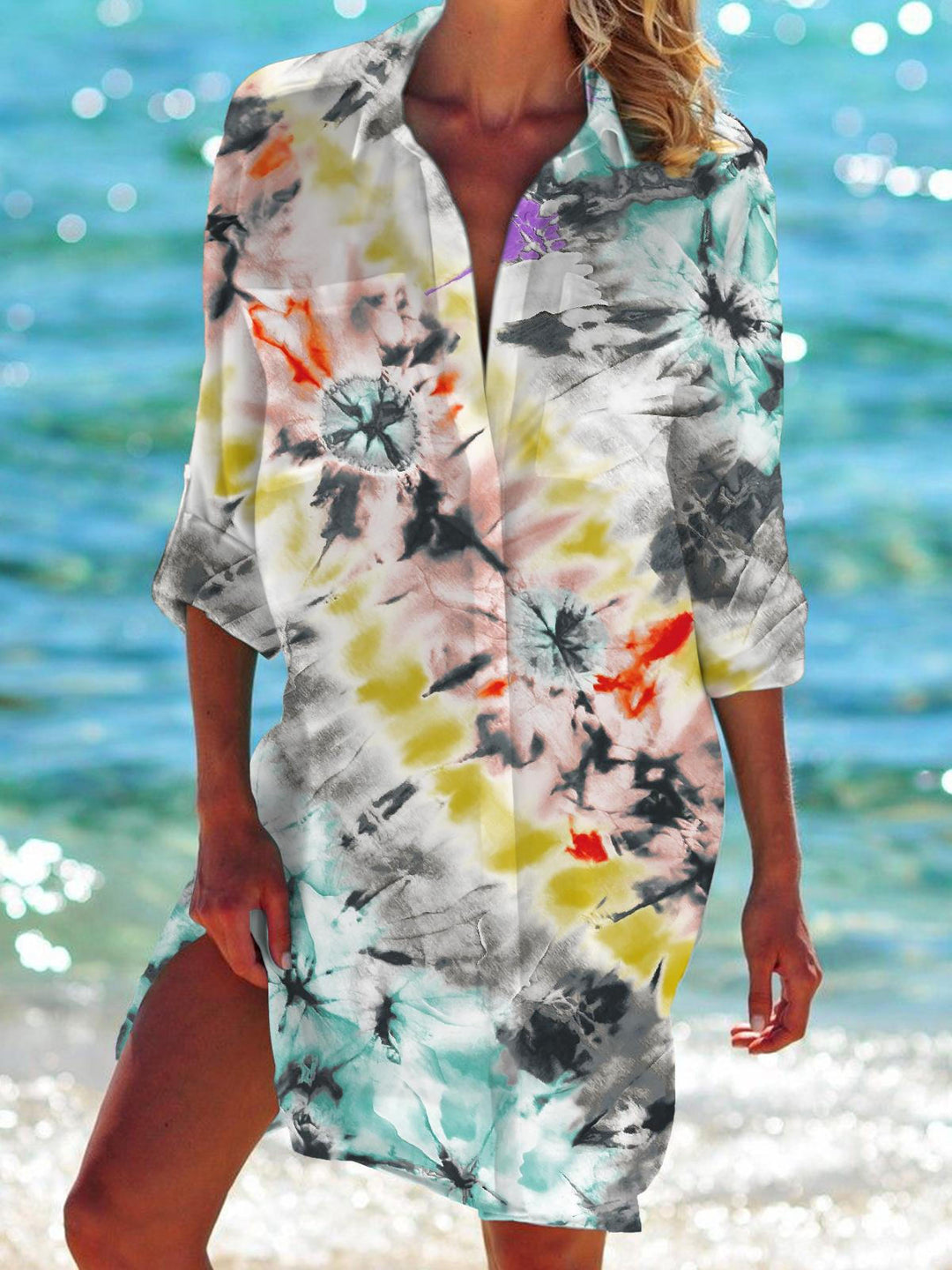 Tie Dye Art Long Sleeve Beach Shirt Dress