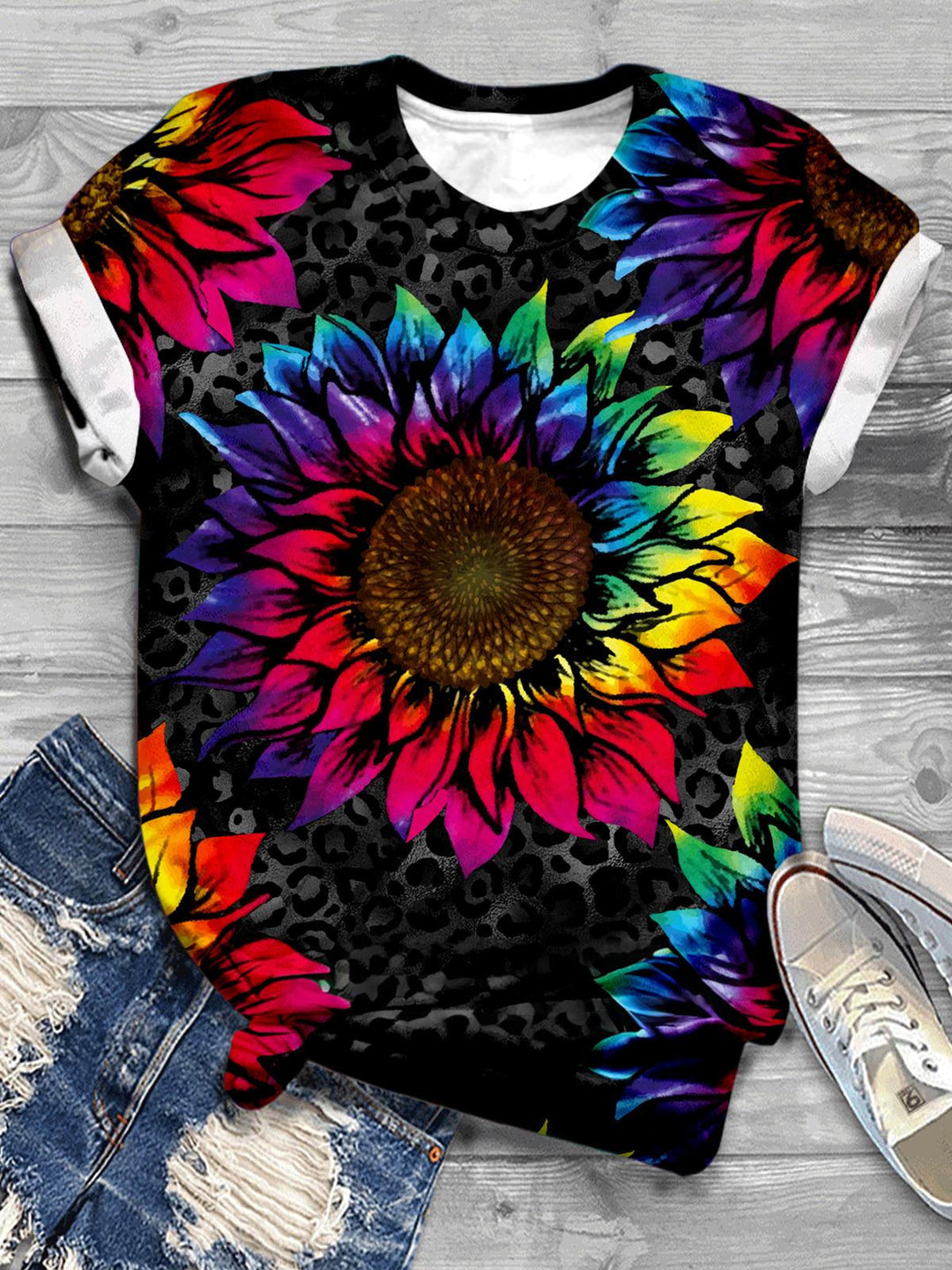 Rainbow Sunflower Print Casual T-shirt