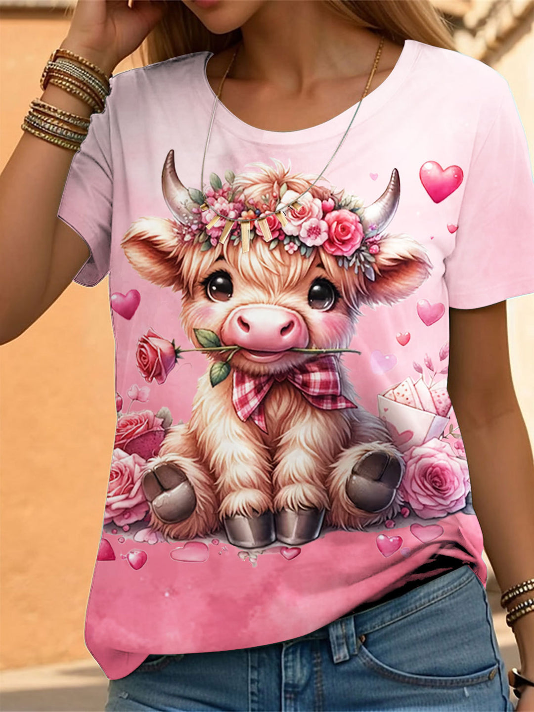 Pink Valentines Highland Cow Print Casual Top