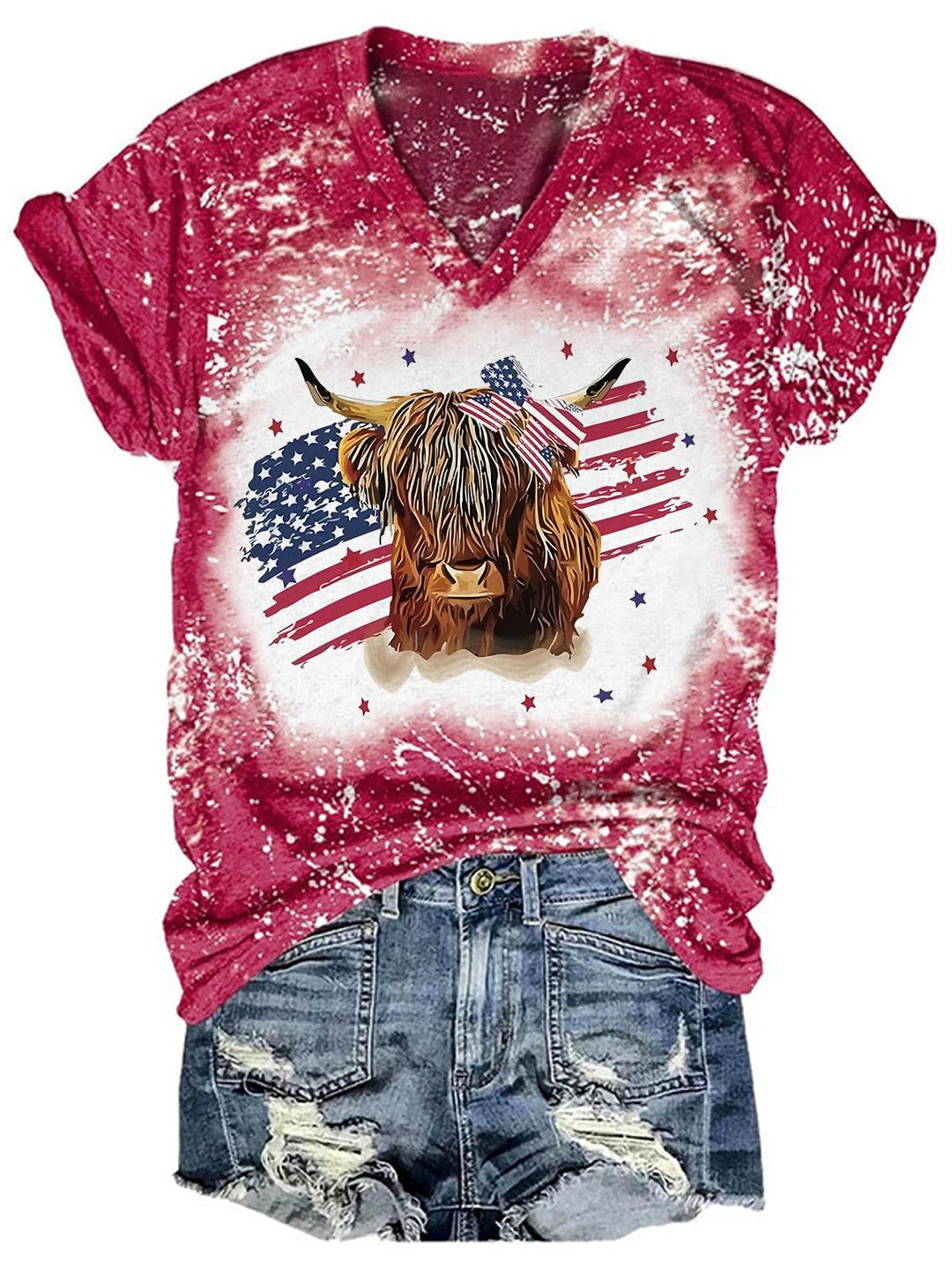 America Fag Highland Cow Print Tie Dye V Neck T-Shirt