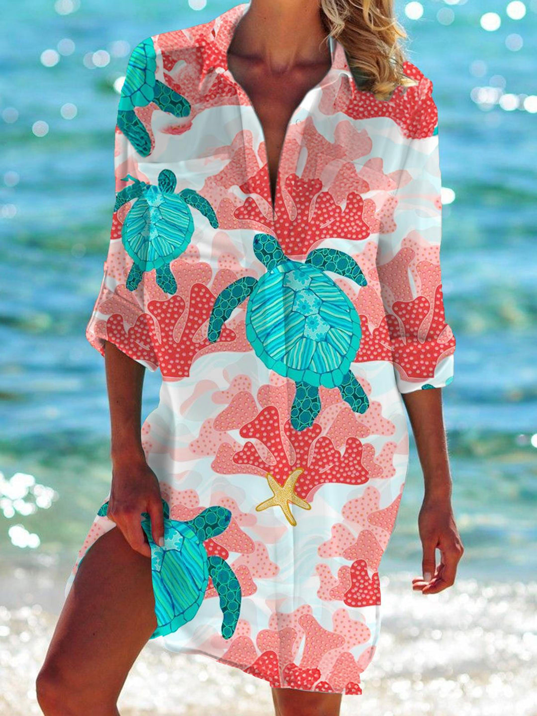 Sea Turtle Long Sleeve Beach Shirt Dress