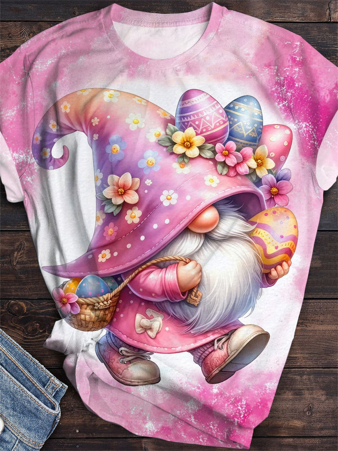 Easter Gnome Print Short Sleeve Crew Neck T-Shirt