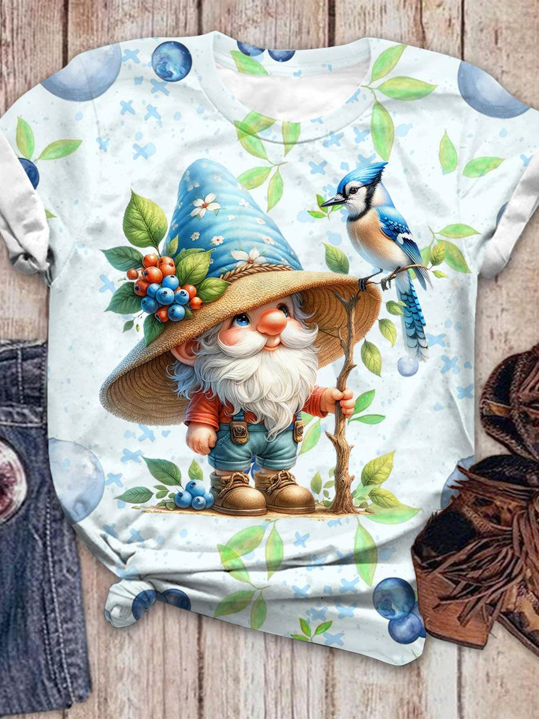 Blueberry Bird Gnome Crew Neck T-shirt