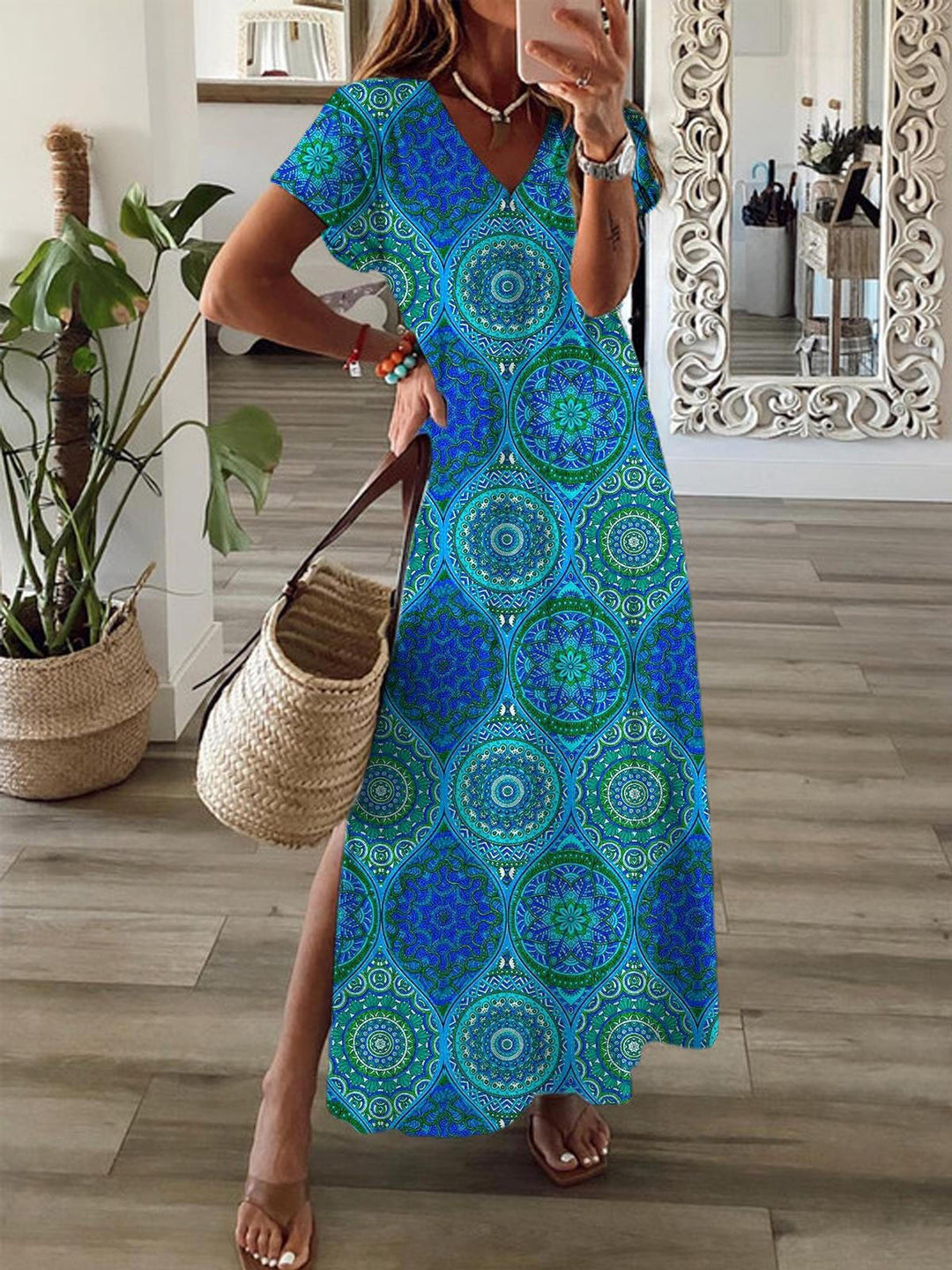 Vintage Mural Elements Peacock Blue Short Sleeve V Neck Maxi Dress