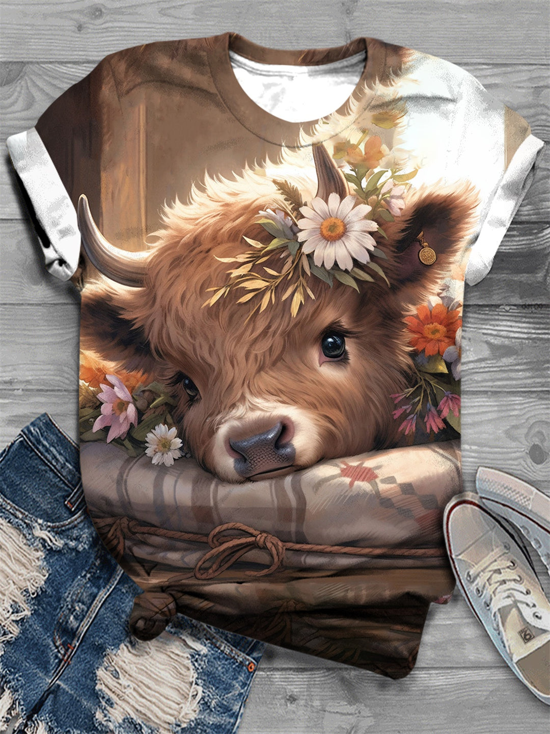 Cute Baby Highland Cow Print Crew Neck T-Shirt