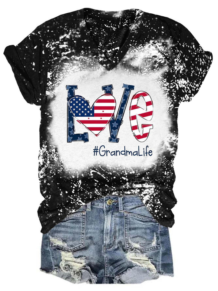 LOVE #Grandma Life Flag Print Tie Dye V Neck T-Shirt