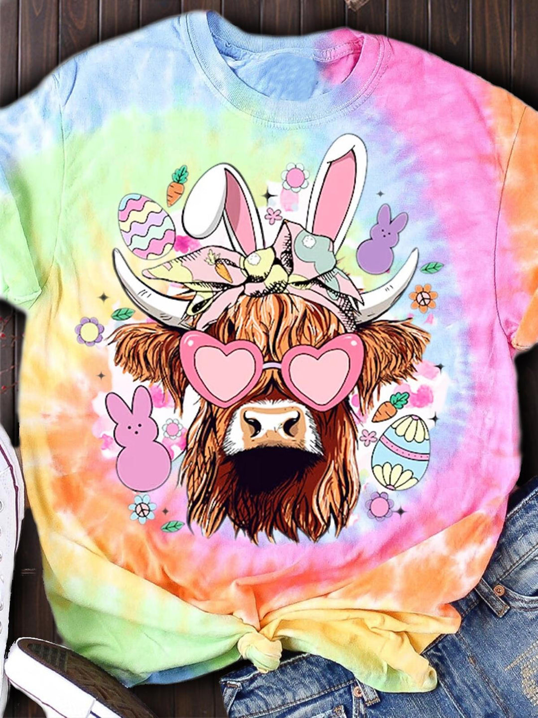 Easter Day Highland Cow Tie Dye Print Crew Neck T-shirt