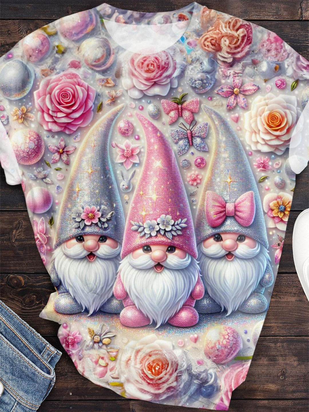 Easter Floral Gnome Print Crew Neck T-shirt