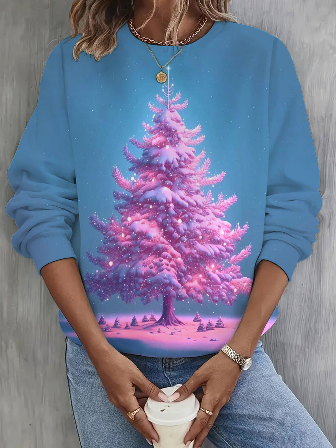 Pink Christmas Tree Print Long Sleeve Casual Top