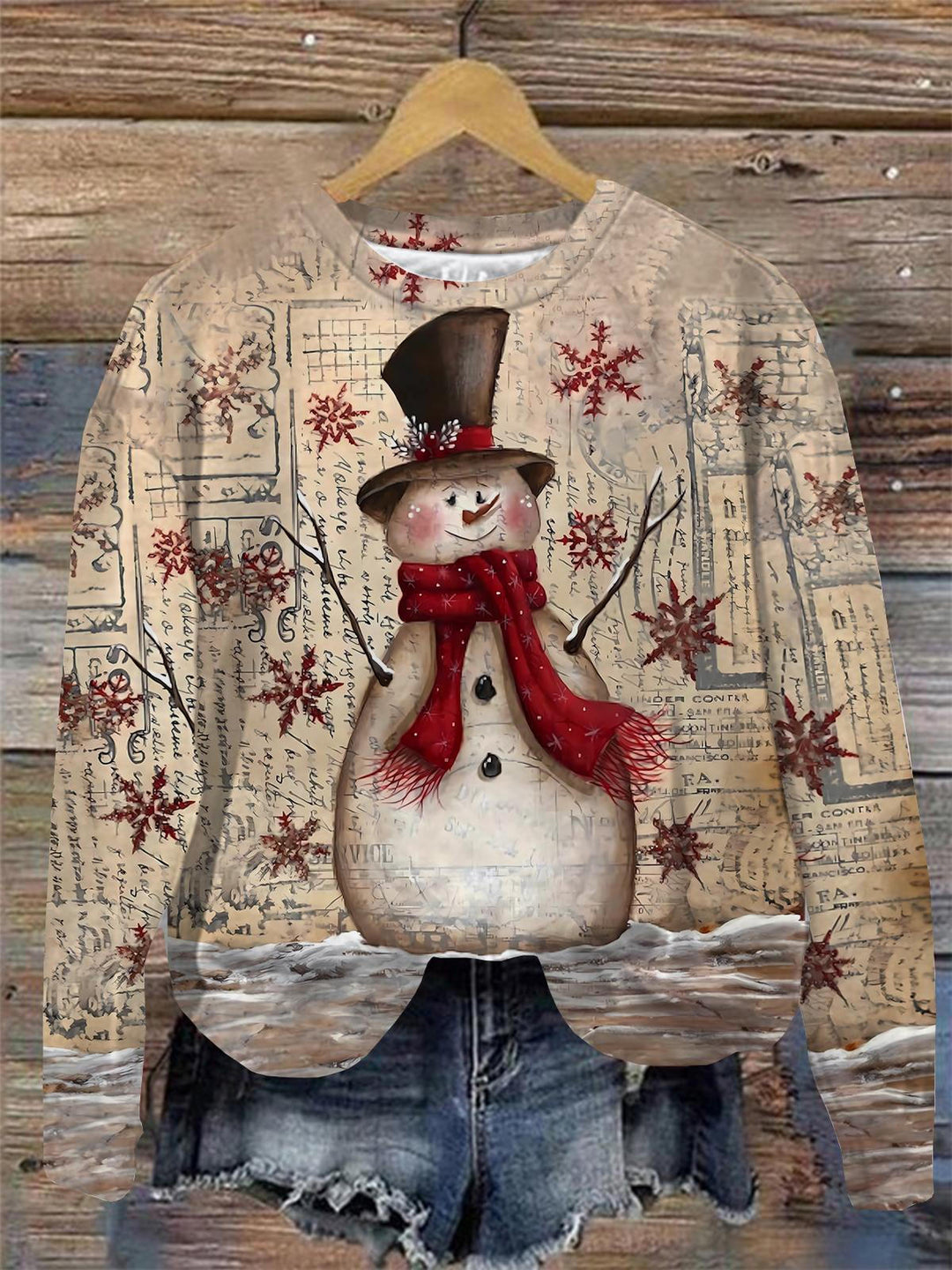 Vintage Snowman Print Round Neck Long Sleeve Top