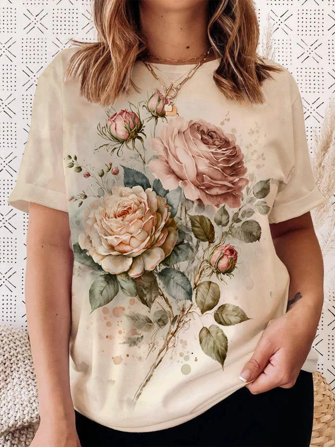Vintage Floral Print Crew Neck T-shirt