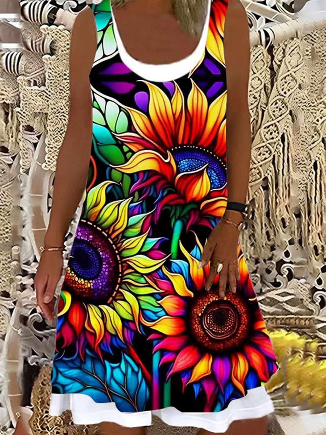 Colorful Sunflower Print False Two Dress
