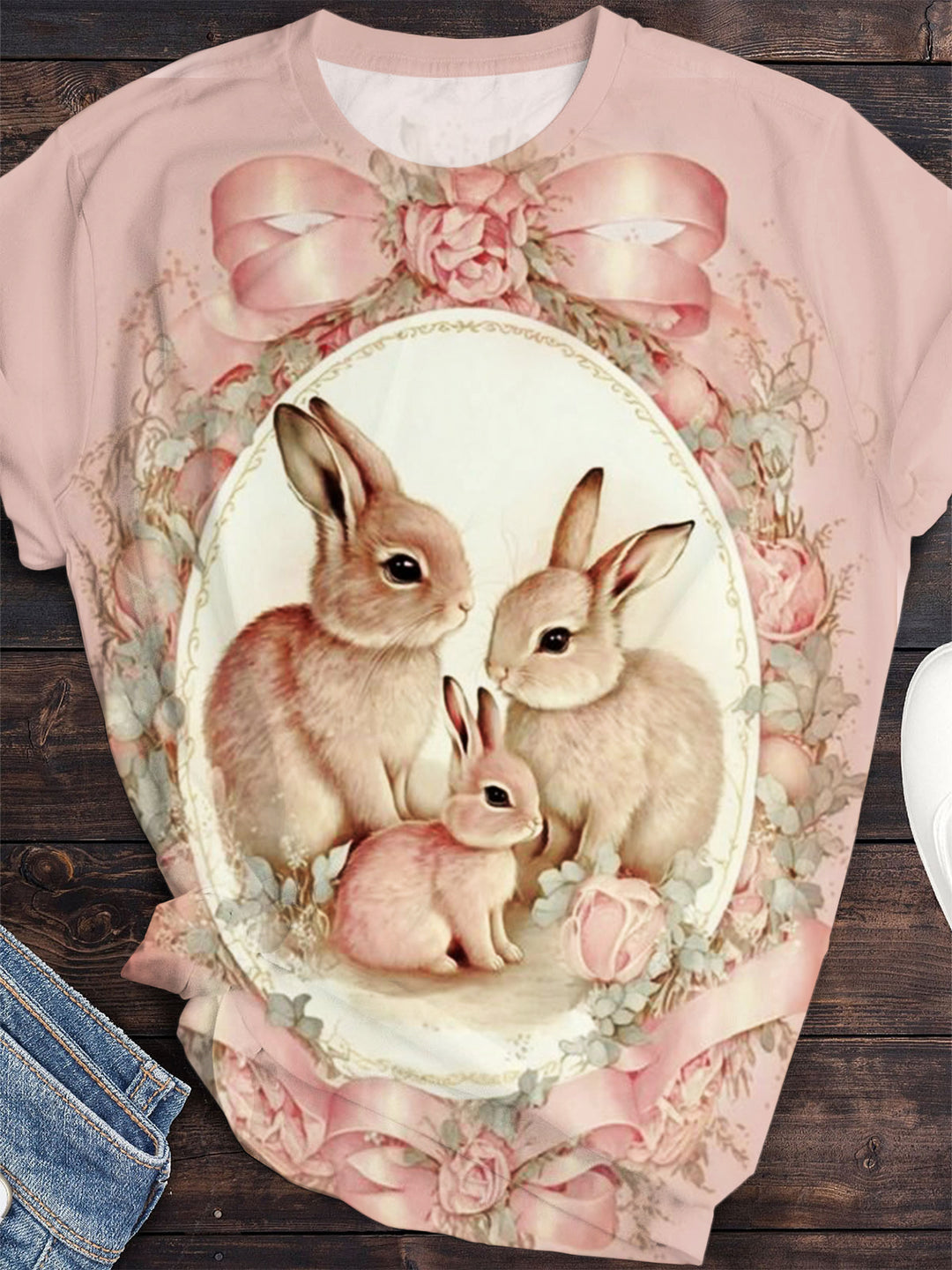 Women's Pink Easter Bunny Print Casual T-Shirt