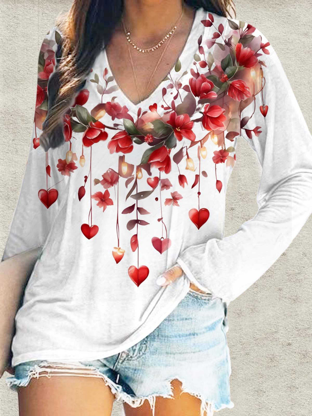 Women's Heart Floral Print V-Neck Long Sleeve Top