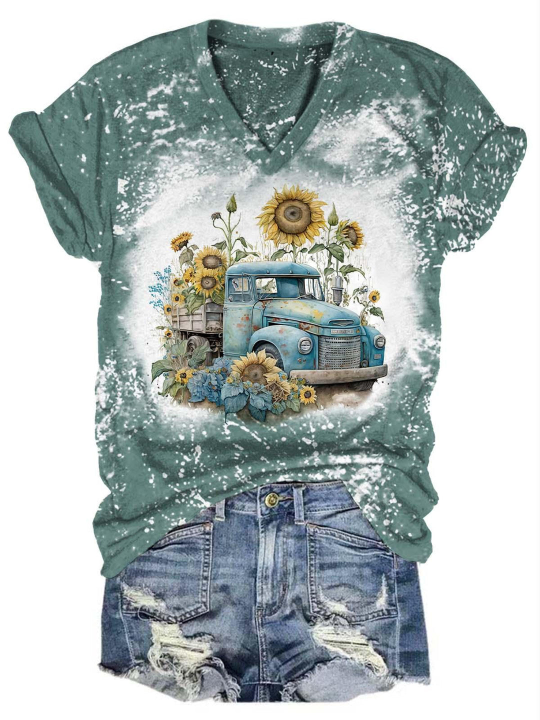 Vintage Truck Sunflower V-Neck T-Shirt